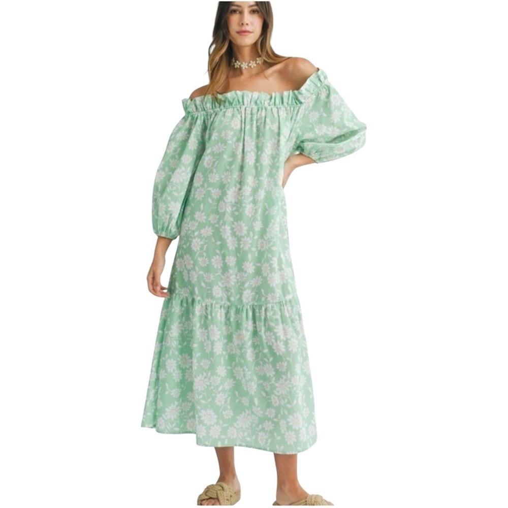 Mable Green Floral Off Shoulder Midi Dress Cottagecore Coquette Puff Sleeve Sz L